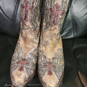 WOMENS BRONZE GOLD-RED WING & CROSS CORRAL STUD BOOTS WOMENS 8